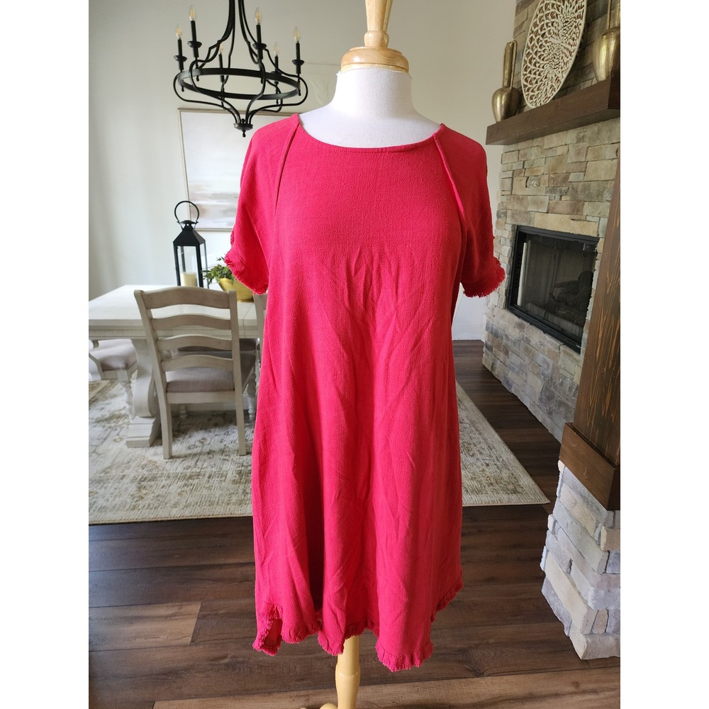 Umgee Red‎ Linen Blend Frayed Hem High Low Midi Shift Dress Oversized Small - Picture 2 of 9